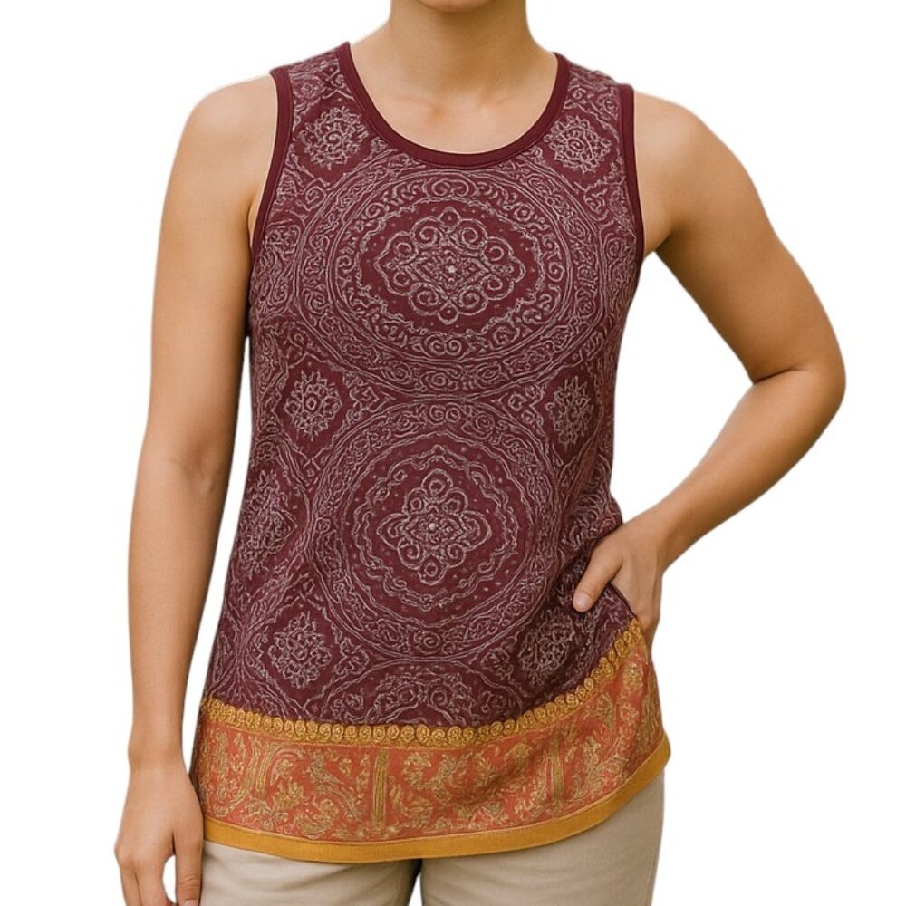 Athleta Burgundy Tan Oriental Print Active Tank Women's Size M